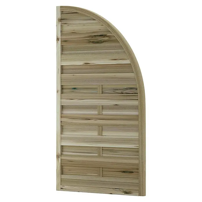 T & J Sichtschutzelement Maxi - B x H: 90 x 160 cm, Braun - Nahaufnahme eines Holzzauns mit einem abgerundeten oberen Ende, der die natürliche Maserung und Konstruktion des Holzes hervorhebt.
