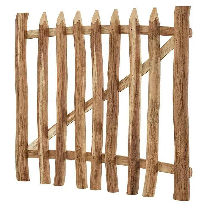 T & J Zauntor Rollo - 100 x 8 cm, Ohne Beschläge, Braun, Holz - Ein rustikales Holztor, ideal für Gärten oder Weiden, bietet Charme und Sicherheit mit seiner natürlichen Holzstruktur und spitz zulaufenden Pfosten.