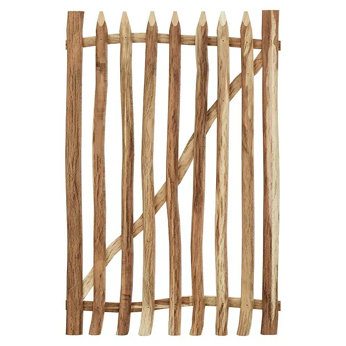 T & J Zauntor - 100 x 8 cm, Ohne Beschläge, Holz, Braun - Nahaufnahme eines rustikalen Holztors mit spitz zulaufenden Latten und diagonalem Stützbrett vor schwarzem Hintergrund.