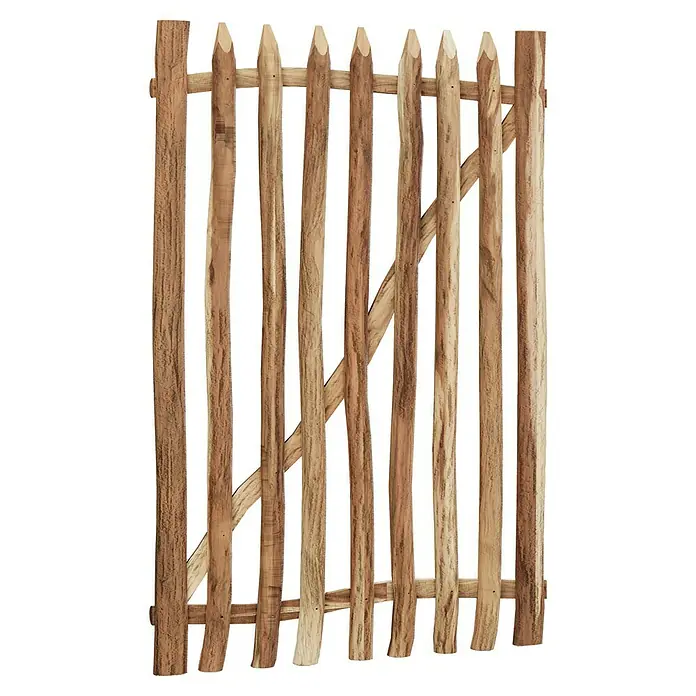 T & J Zauntor - 100 x 8 cm, Ohne Beschläge, Holz, Braun - Rustikaler Holzzaun mit spitz zulaufenden Latten und diagonalem Verstrebungselement für einen natürlichen Look.
