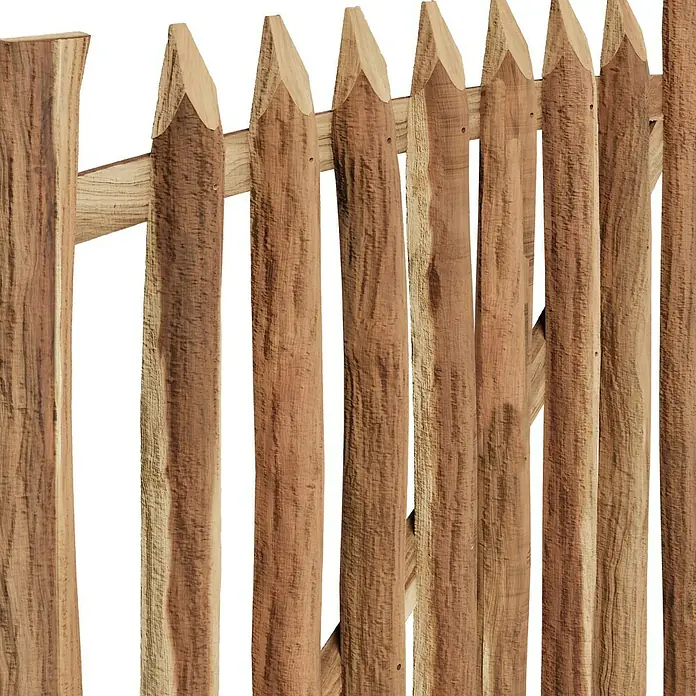 T & J Zauntor Rollo - 100 x 8 cm, Ohne Beschläge, Braun, Holz - Detailaufnahme eines rustikalen Holzzauns mit spitzen Pfählen, ideal für Garten und Grundstücksbegrenzung. Robuste Bauweise und natürliche Optik.