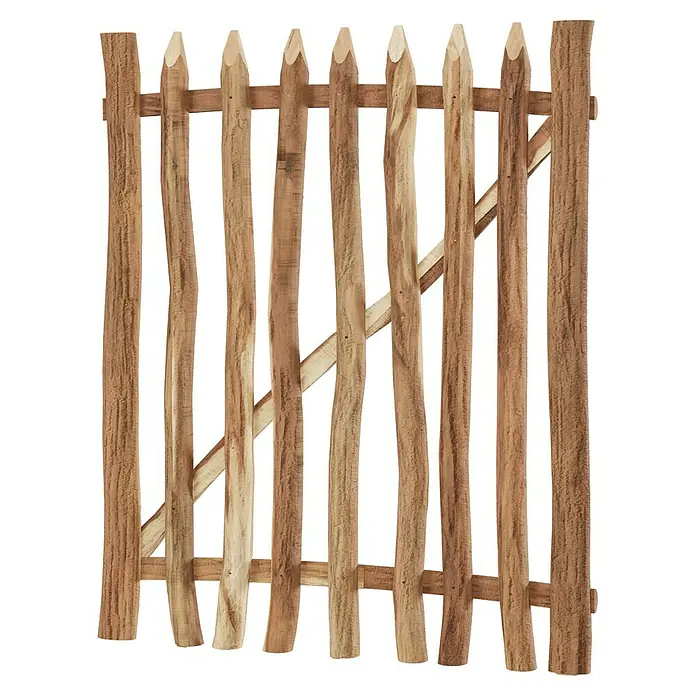 T & J Zauntor - 100 x 120 cm, Holz - Ein rustikales Gartentor aus unbehandeltem Holz mit spitz zulaufenden Pfosten und diagonalen Verstrebungen für einen natürlichen Look.