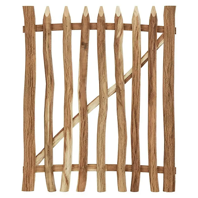 T & J Zauntor - 100 x 120 cm, Holz - Rustikales Holztor mit spitz zulaufenden Latten und diagonalem Verstrebungselement, ideal für Garten oder Hof.