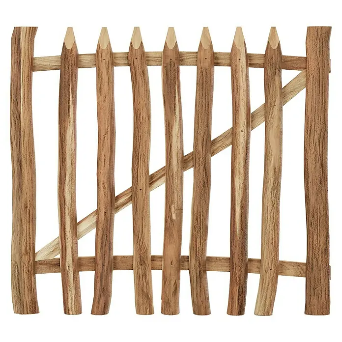 T & J Zauntor Rollo - 100 x 8 cm, Ohne Beschläge, Braun, Holz - Rustikales Gartentor aus Holzlatten mit spitz zulaufenden Enden und diagonaler Verstrebung.