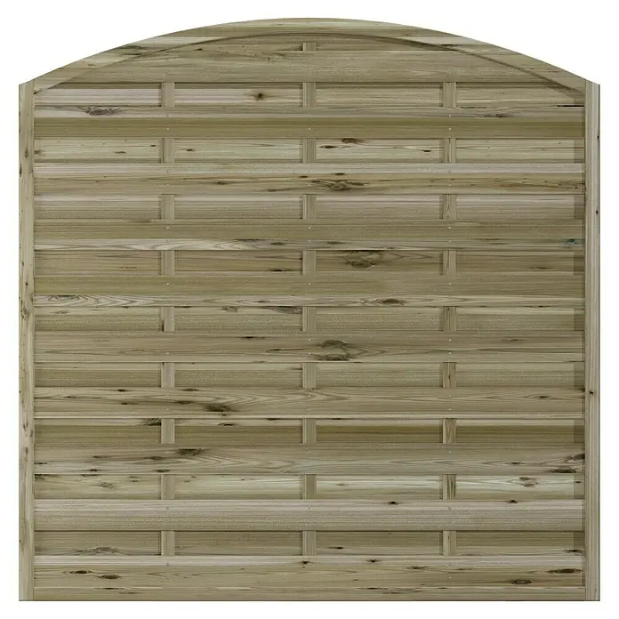 T & J Sichtschutzelement Maxi - B x H: 180 x 180 cm, Braun - Detailaufnahme eines Holzzauns mit bogenförmigem Abschluss und horizontaler Lattenstruktur, ideal für Garten und Grundstück.