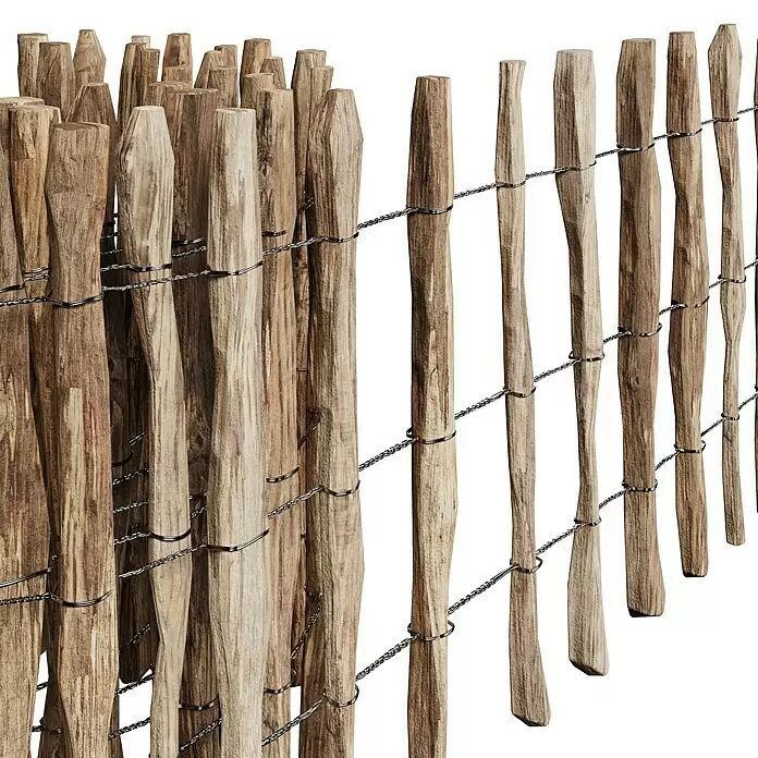 T & J Staketen Rollzaun Rollo 4-8 cm - B x H: 1.000 x 60 cm, Holz - Nahaufnahme eines rustikalen Holzzauns mit unregelmäßig geformten Pfählen, verbunden durch Silberdraht.