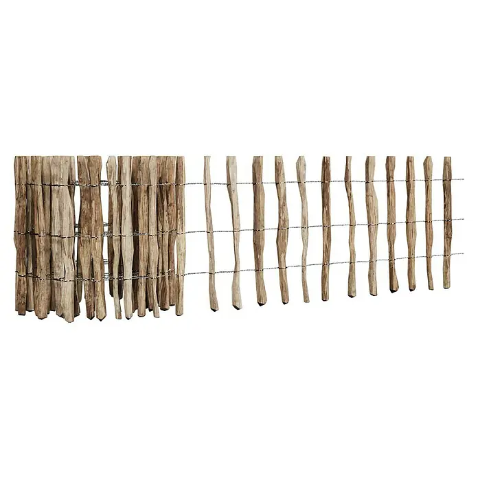 T & J Staketen Rollzaun Rollo 4-8 cmB x H: 1.000 x 60 cm, Holz - Dieses Bild zeigt einen dekorativen, rustikalen Weidenzaun, der sich perfekt für Gärten und Außenbereiche eignet. Er bietet Privatsphäre und natürlichen Charme.