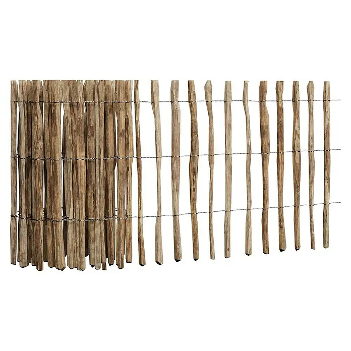 T & J Staketen Rollzaun Rollo 8-10 cm - B x H: 1.000 x 90 cm, Holz - Nahaufnahme eines Holzzauns, der mit Draht zusammengehalten wird und eine rustikale und natürliche Optik bietet.