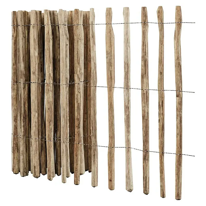 T & J Staketen Rollzaun Rollo 8-10 cm - B x H: 1.000 x 120 cm, Holz - Nahaufnahme eines rustikalen Holzzauns mit Drahtbindung, ideal für Garten oder Terrasse als dekoratives Element.