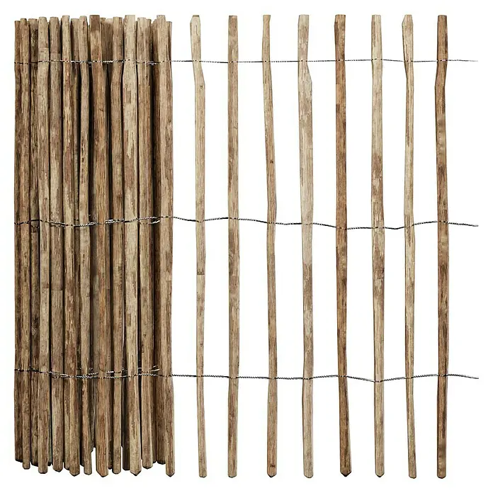T & J Staketen Rollzaun Rollo 4-8 cm - B x H: 500 x 175 cm, Holz - Ein Holzzaun-Paneel mit vertikalen Holzstäben, die durch horizontalen Draht verbunden sind. Ideal für Garten oder als dekoratives Element.