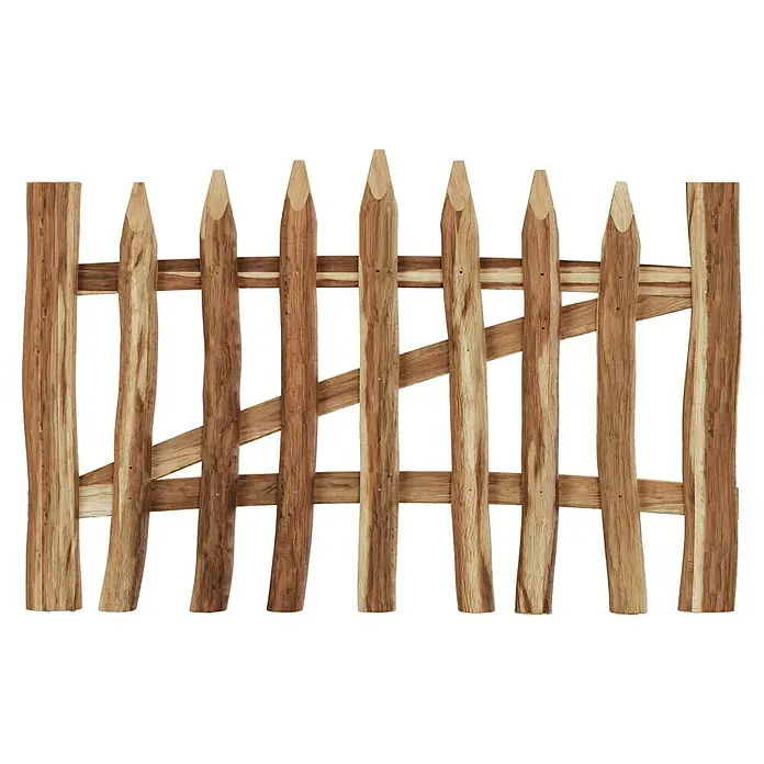 T & J Zauntor Rollo - 100 x 8 cm, Ohne Beschläge, Holz, Braun - Detailaufnahme eines rustikalen Holzzauns mit spitzen Pfosten und horizontalen Streben auf schwarzem Hintergrund.