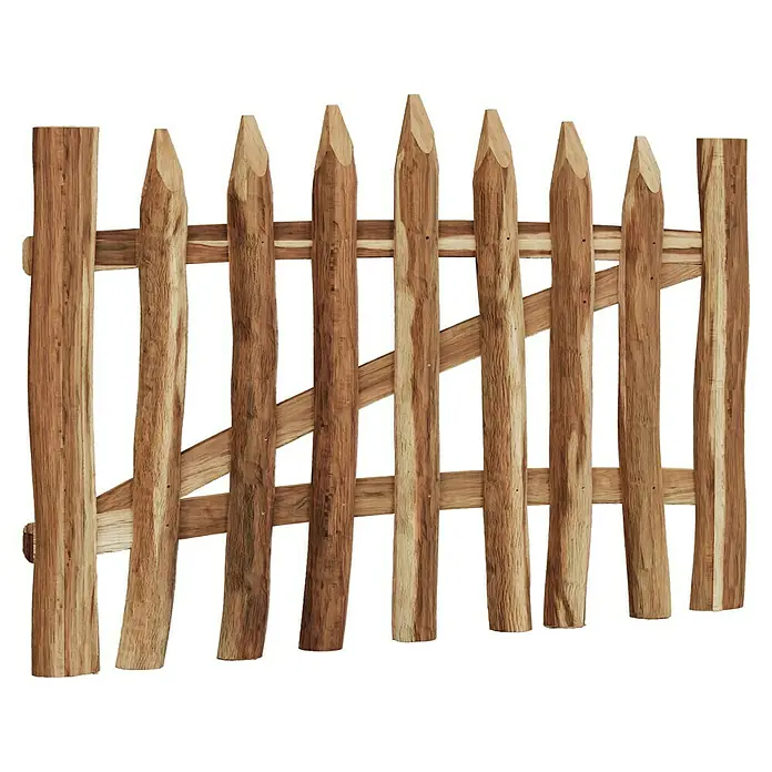 T & J Zauntor Rollo - 100 x 8 cm, Ohne Beschläge, Holz, Braun - Holzzaun mit rustikalem Design. Der Zaun zeichnet sich durch spitze Pfosten und diagonale Verstrebungen aus.