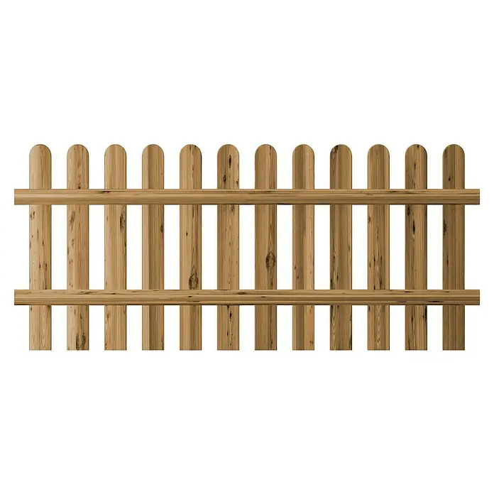T & J Vorgartenzaun Anholt - 4,2 x 180 x 80 cm, Holz, Natur - Aufnahme eines Holzzauns mit vertikalen Latten und zwei horizontalen Verstrebungen vor einem schwarzen Hintergrund.