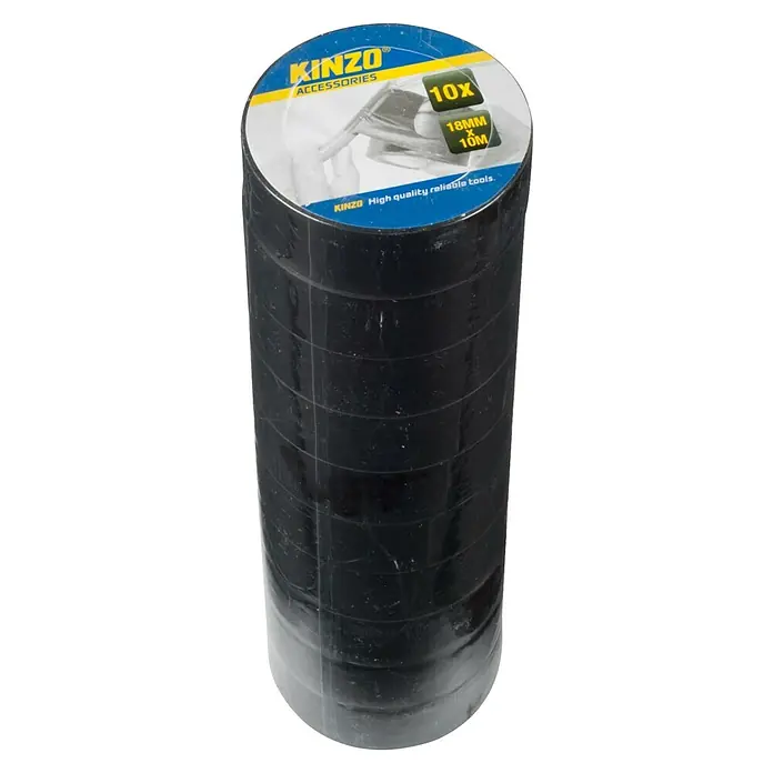 Juego de cinta aislante PVC - 18 mm x 10 m, 10 ud., Negro - Imagen de un paquete de 10 rollos de cinta aislante negra de Kinzo. El juego incluye cinta aislante de alta calidad para aplicaciones fiables.