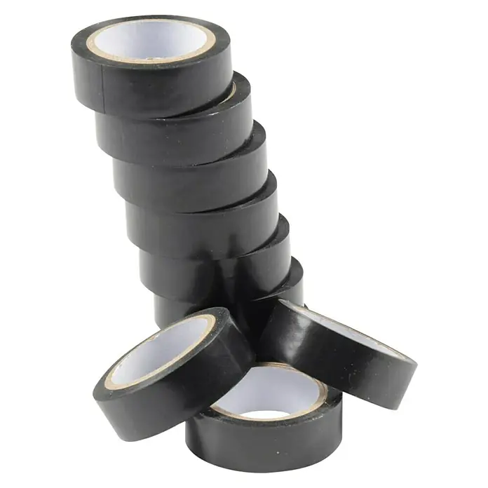 Juego de cinta aislante PVC - 18 mm x 10 m, 10 ud., Negro - Una pila de cinta aislante negra, una herramienta versátil para trabajos eléctricos y reparaciones. Ideal para conexiones seguras.