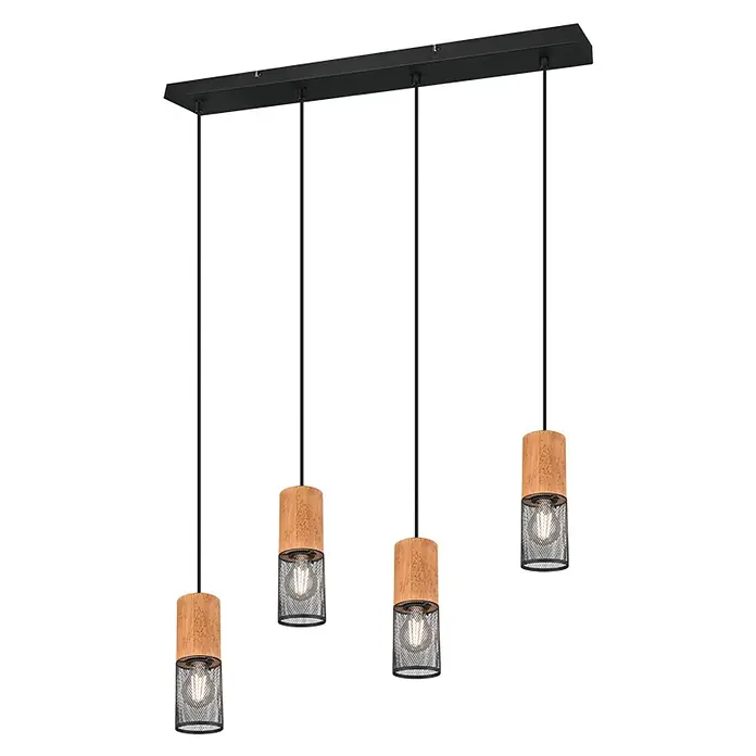 Trio Lighting Tosh Lámpara colgante redonda - 160 W, Ø x Al: 9 x 150 cm, Negro, E27, 4 ud. - Elegante lámpara colgante con cuatro bombillas, complementada con un detalle de madera y un diseño de malla metálica.