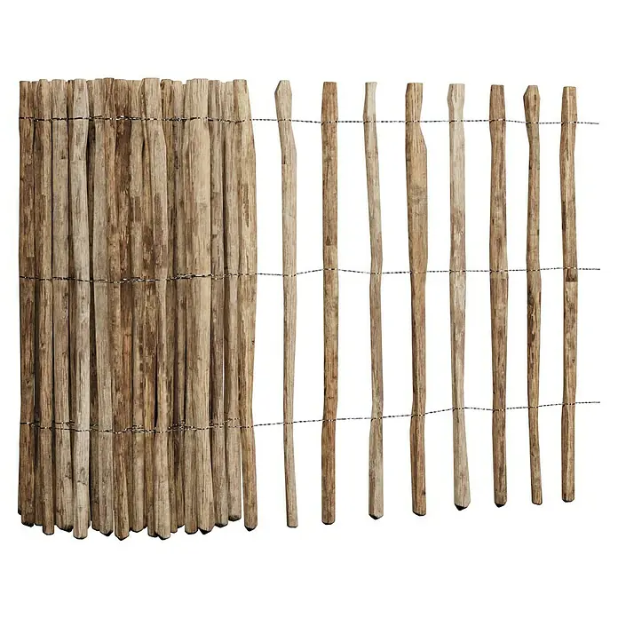 T & J Staketen Rollzaun Rollo 8-10 cmB x H: 1.000 x 120 cm, Holz - Bild eines dekorativen Gartenzauns aus Holzlatten, die mit Draht verbunden sind, ideal für rustikale oder natürliche Umgebungen.