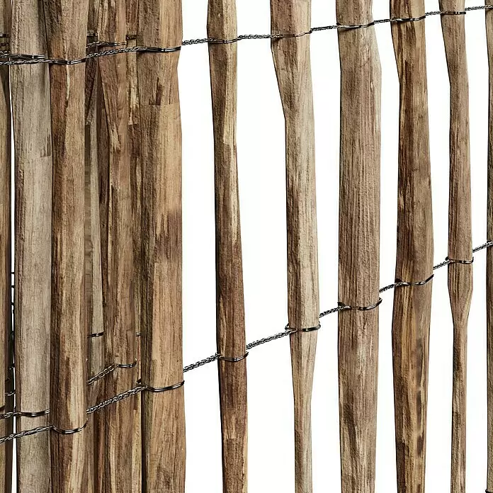 T & J Staketen Rollzaun Rollo 8-10 cm - B x H: 1.000 x 90 cm, Holz - Holzzaun mit vertikalen braunen Pfosten und horizontalem Silberdraht.