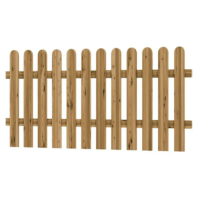 T & J Vorgartenzaun Anholt - 4,2 x 180 x 80 cm, Holz, Natur - Abbildung eines Holzzauns mit abgerundeten Pfosten, der mit zwei horizontalen Streben verbunden ist und eine rustikale Gartenbegrenzung darstellt.