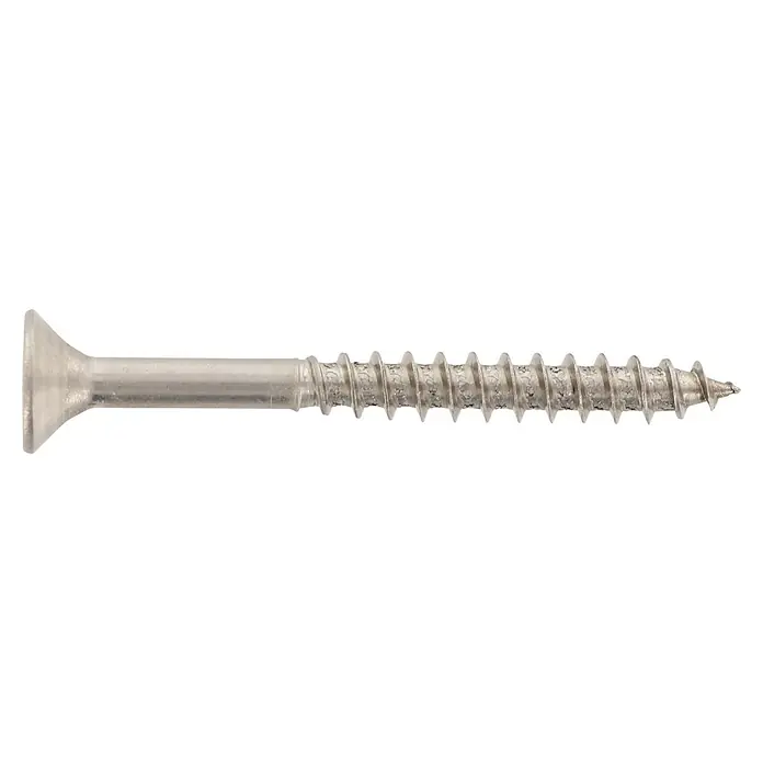 Marinetech Holzbauschraube - Ø x L: 4,5 x 40 mm, Teilgewinde, 100 Stk., Edelstahl - Ein hochauflösendes Bild einer einzelnen Senkkopfschraube aus Metall mit einem scharfen Gewinde.