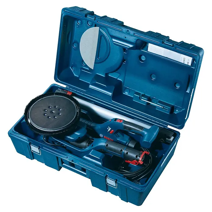 Bosch Professional Lijadora de pared y techo GTR55-225 - 550 W, Diámetro disco de lija: 225 mm - Lijadora de paneles de yeso Bosch GTR 550 en una maleta de transporte azul. La herramienta está bien embalada.