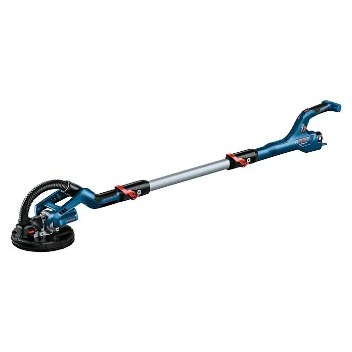 Bosch Professional Lijadora de pared y techo GTR55-225 - 550 W, Diámetro disco de lija: 225 mm - Una lijadora de paneles de yeso Bosch con cuerpo azul, mástil telescópico y disco de lijado sobre un fondo negro.