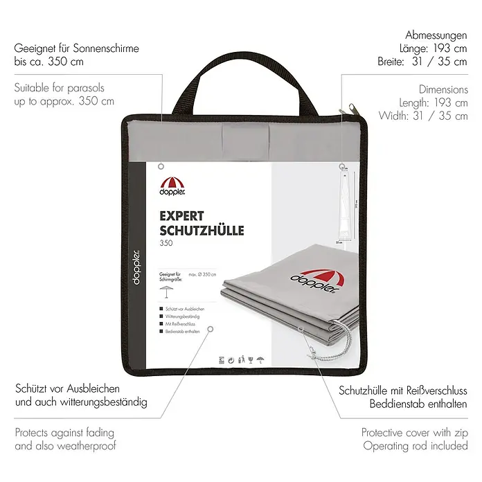 Doppler Expert Schirm-Schutzhülle - Passend für: Schirme bis Ø 350 cm - Produktabbildung einer grauen Doppler Expert Schutzhülle 350 für Sonnenschirme bis ca. 350 cm mit Reißverschluss und Bedienstab.