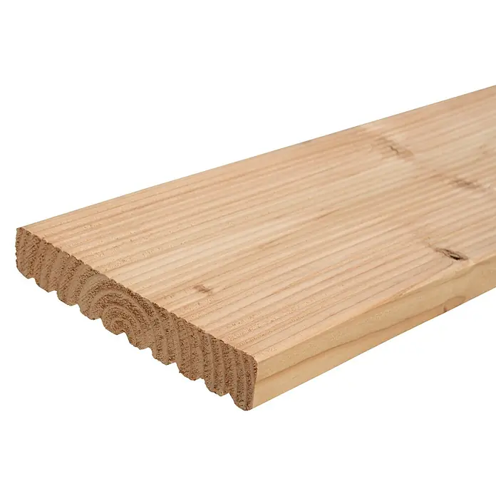 Terrassendiele - Douglasie, 200 x 14,5 x 2,8 cm, Rötlich gelblich - Nahaufnahme einer einzelnen, hellbraunen Terrassendiele aus Holz mit abgerundeter Kante, ideal für den Außenbereich.