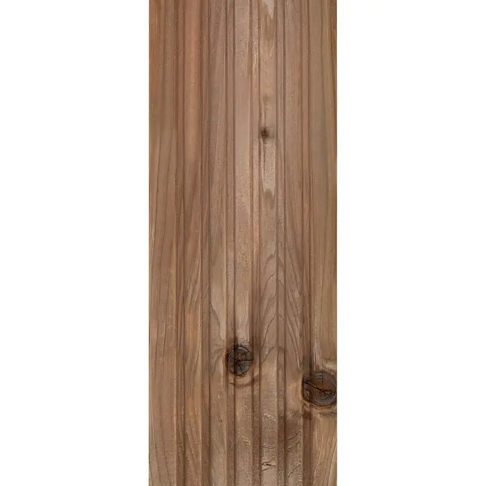 Terrassendiele - Kiefer, 300 x 14,5 x 2,8 cm, Teakfarben - Nahaufnahme einer Holzbohle mit Maserung und Ästen, ideal für rustikale Designprojekte.