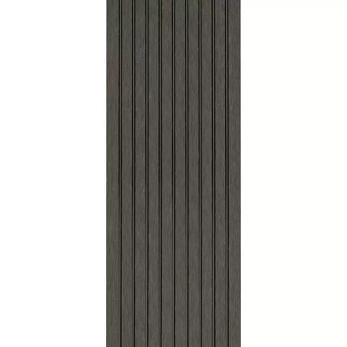 WPC-Terrassendiele Dark Brown - 200 x 13,5 x 2,1 cm, Dunkelbraun - Dunkelgraue gerillte Holzpaneele, vertikal angeordnet.