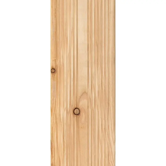 Terrassendiele - Douglasie, 200 x 12,5 x 2,5 cm, Rötlich gelblich - Helle Holzplatte mit markanter Maserung und zwei Astlöchern, ideal für rustikale Möbel oder Wandverkleidungen.