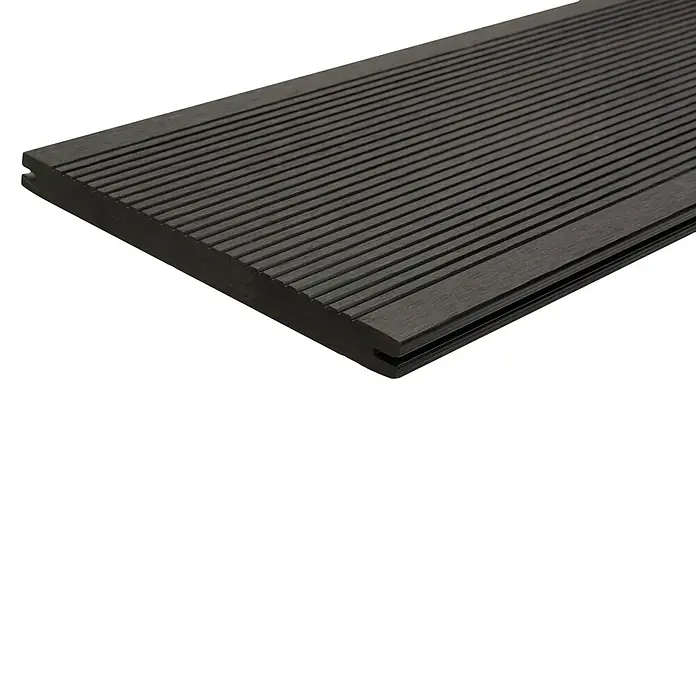 WPC-Terrassendiele - 300 x 19 x 1,6 cm, Anthrazit - Nahaufnahme einer einzelnen, geriffelten Terrassendiele in dunklem Anthrazit. Das robuste Material ist ideal für den Außenbereich.