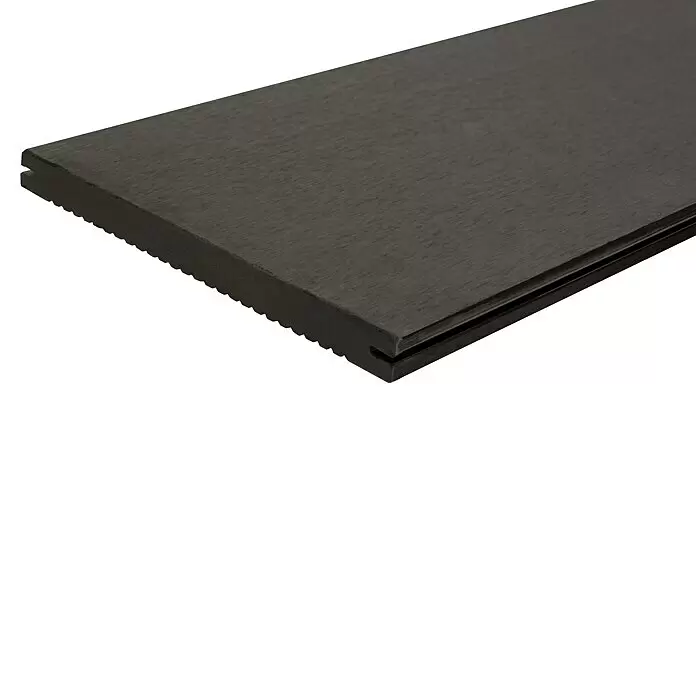WPC-Terrassendiele - 300 x 19 x 1,6 cm, Anthrazit - Dunkle Komposit-Terrassendiele mit gerippter Unterseite und seitlicher Nut für versteckte Befestigungen.