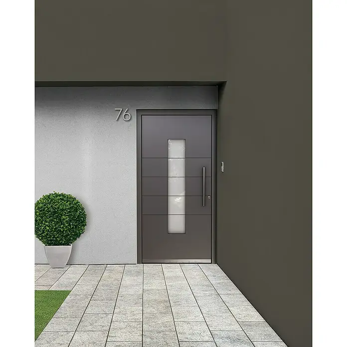 Portofino Haustür Basico 90 - 110 x 210 cm, DIN Anschlag: Rechts - Moderne Haustür mit vertikalem Glaseinsatz, Hausnummer 76 und Pflanze. Elegantes Design für einen einladenden Eingangsbereich.