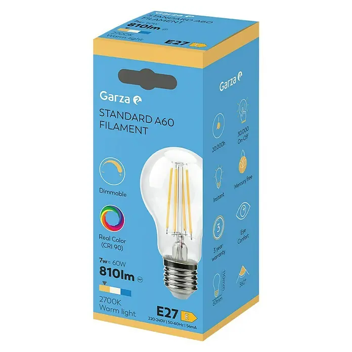 Garza Bombilla LED Filamento Regulable - E27, Intensidad regulable, Blanco cálido, 810 lm, 7 W - Embalaje de una bombilla LED de filamento Garza Standard A60, 7W equivale a 60W, 810lm, 2700K blanco cálido, base E27, regulable.