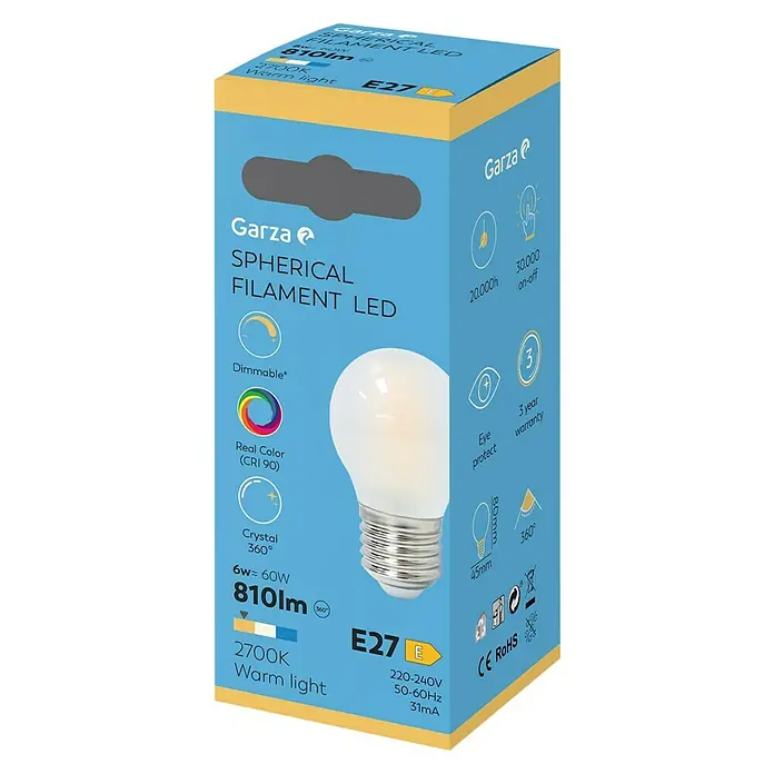 Garza Bombilla LED Filamento Regulable - E27, Intensidad regulable, Blanco cálido, 810 lm, 6 W, Mate - Primer plano del embalaje de una bombilla de filamento esférica LED Garza E27, que emite una luz cálida de 2700K y es regulable.