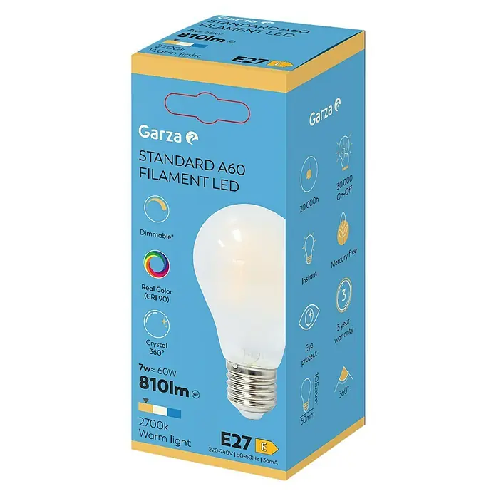Garza Bombilla LED Filamento Regulable - E27, Intensidad regulable, Blanco cálido, 810 lm, 7 W, Mate - Primer plano del embalaje de una bombilla LED de filamento Garza Standard A60 con 810 lúmenes y una base E27, que produce una luz blanca cálida.