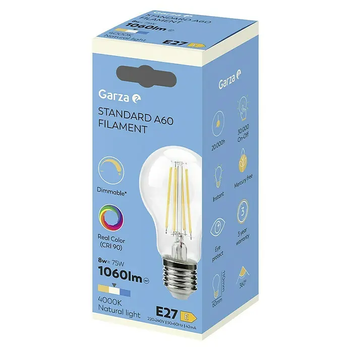 Garza Bombilla LED Filamento Regulable - E27, Intensidad regulable, Blanco neutro, 1.060 lm, 8 W - Embalaje de una bombilla LED de filamento Garza Standard A60 de 8W, 1060lm, 4000K Natural light, base E27.