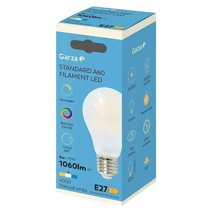 Garza Bombilla LED Filamento Regulable - E27, Intensidad regulable, Blanco neutro, 1.060 lm, 8 W, Mate - Embalaje del producto: Bombilla LED de filamento Garza Standard A60 con 1060 lúmenes, 4000K blanco natural, base E27, regulable y larga vida útil.