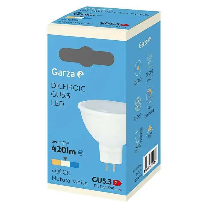 Garza Bombilla LED - GU5,3, Blanco neutro, 400 lm, 5 W - Paquete de una bombilla LED GU5.3 de Garza, 420 lúmenes, blanco natural 4000K, no regulable, con especificaciones técnicas detalladas.
