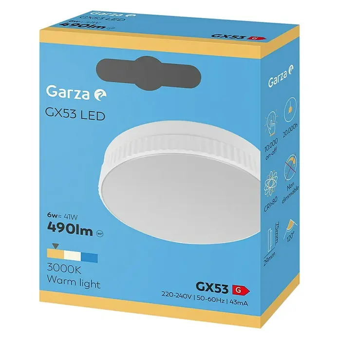 Garza Bombilla LED GX53 - GX53 , Blanco cálido, 490 lm, 6 W - Embalaje del producto de la bombilla LED Garza GX53, detallando sus especificaciones y características.