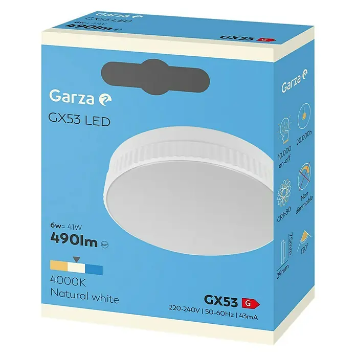 Garza Bombilla LED GX53 - GX53 , Blanco neutro, 490 lm, 6 W - Caja azul para una bombilla LED Garza GX53, mostrando especificaciones como 490lm de brillo y temperatura de color blanco natural de 4000K.