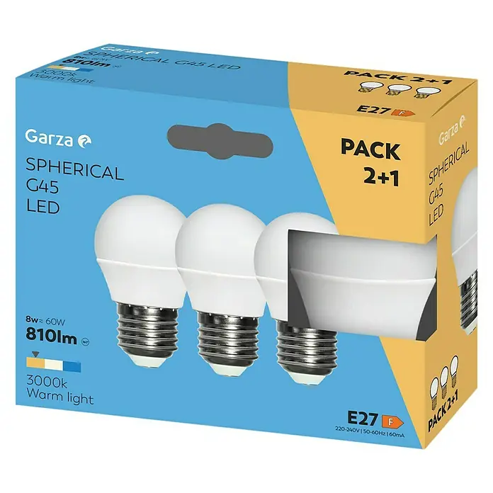 Garza Set de bombillas LED - E27, Blanco cálido, 810 lm, 8 W, 3 ud. - Primer plano del embalaje de las bombillas LED Garza G45 en un paquete de 3 que producen luz blanca cálida de 3000K.