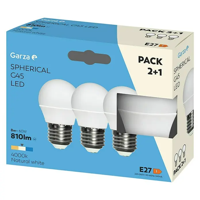 Garza Set de bombillas LED - E27, Blanco neutro, 810 lm, 8 W, 3 ud. - Primer plano de un paquete de bombillas LED Garza Spherical G45 de 8W, 810lm y 4000K en blanco natural. Paquete de 2+1 bombillas.