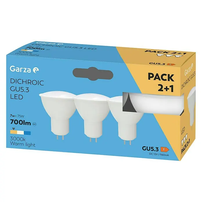 Garza Set de bombillas LED - GU5,3, Blanco cálido, 700 lm, 9 W, 3 ud. - Un paquete de bombillas LED GU5.3 de Garza, ideales para iluminación ambiental. 3 unidades en pack 2+1 para una luz cálida y brillante.