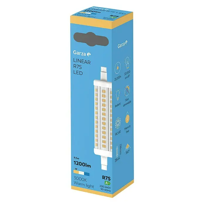 Garza Bombilla LED Lineal - 9,5 W, Blanco cálido, 1.200 lm, R7s - Embalaje del producto de una lámpara LED Garza R7S de 9,5W y 1200lm, que emite una luz cálida de 3000K, con una vida útil de 25.000 horas.