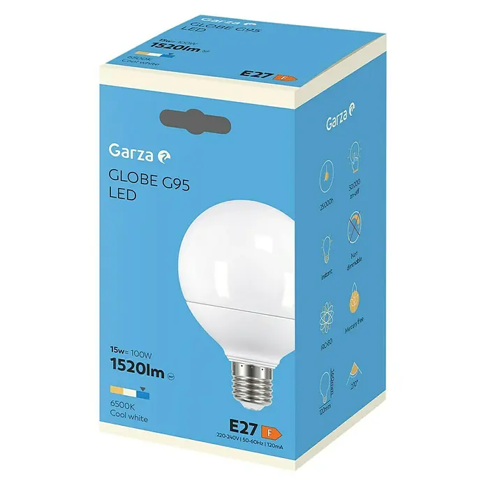 Garza Bombilla LED - E27, No regulable, Blanco neutro, 806 lm, 9,5 W - Detalle del embalaje de una bombilla LED Garza GLOBE G95, que muestra detalles como lúmenes, temperatura de color y calificación energética.