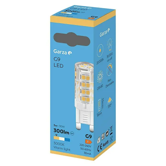 Garza Bombilla LED - G9, No regulable, Blanco cálido, 300 lm, 3,5 W - Embalaje del producto de una bombilla LED G9 de Garza, que muestra los detalles técnicos y las características del producto.