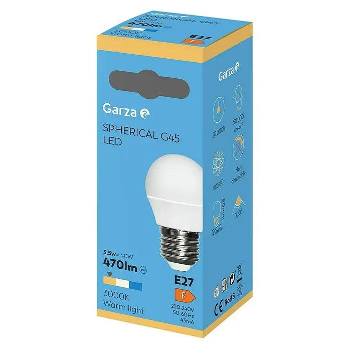 Garza Bombilla LED - E27, No regulable, Blanco cálido, 470 lm, 3.000 K, 5 W, 1 ud. - Embalaje del producto de una bombilla LED Garza Spherical G45 con 5,5W de potencia, equivalente a 40W, que proporciona 470lm de flujo luminoso a una temperatura de color de 3000K.