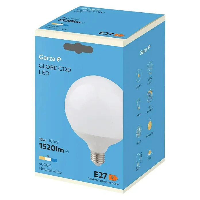 Garza Bombilla LED - E27, Blanco neutro, 1.520 lm, 18 W - Una bombilla LED Garza Globe G120 en su embalaje, destacando las especificaciones y características del producto.